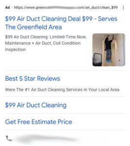 Exposed: The "$99 Air Duct Cleaning" Bait & Switch Scam! 3 A google advertisement promoting the $99 air duct cleaning scam.