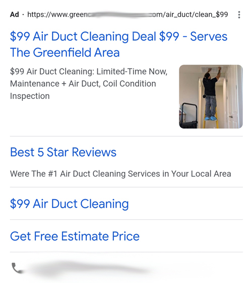Exposed: The "$99 Air Duct Cleaning" Bait & Switch Scam! 8 Google search advertisement.