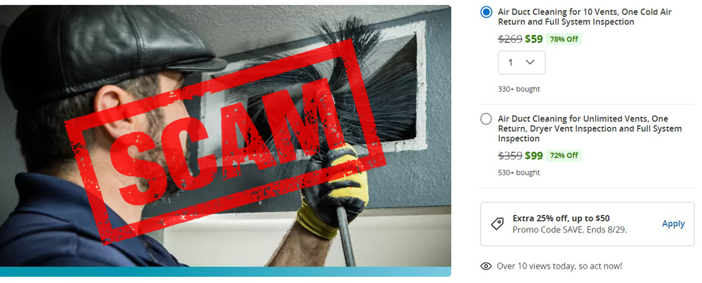 $99 air duct cleaning scam posted on groupon.