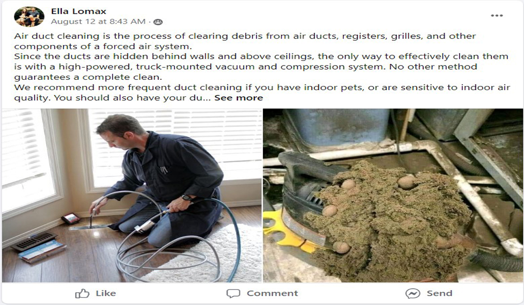 Facebook Meta Ad showing an air duct cleaning scam.