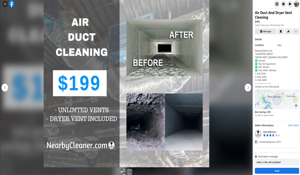 Facebook marketplace air duct cleaning ad that claims they have over 5000 reviews.