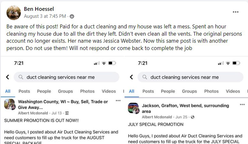 Facebook customer that is warning others not to buy air duct cleaning on community posts.
