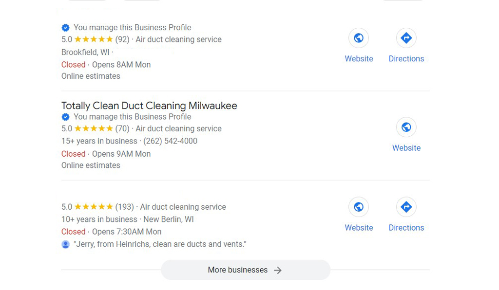 Google maps list of air duct cleaning companies with 5 star review average rating.