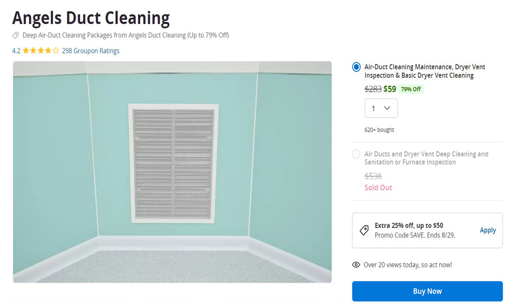 Groupon advertisement offering air duct cleaning for $59!