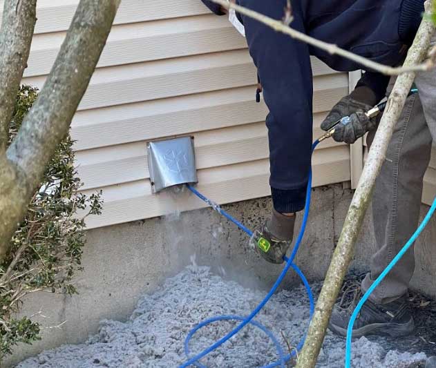 Exterior dryer vent being cleaned with an air line.