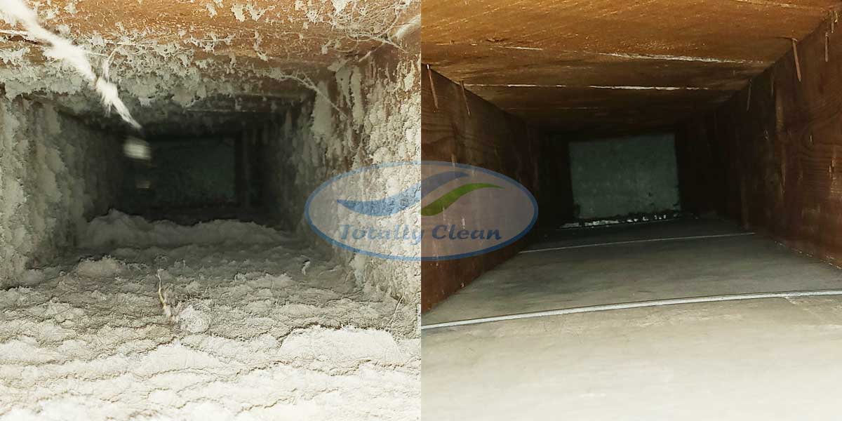 Air duct cleaning Waukesha Project- Before & After Photo of return trunk line.