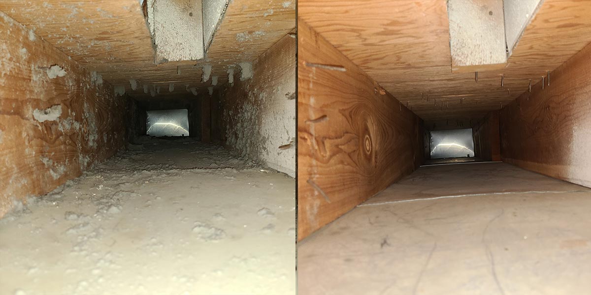 Air duct cleaning before & after photo. One return vent is clean the other is dirty.