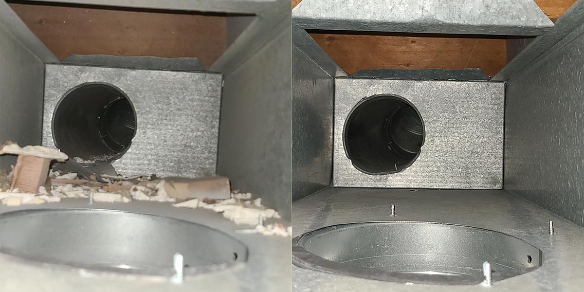 Air duct cleaning before & after photo. One return vent is clean the other is dirty.