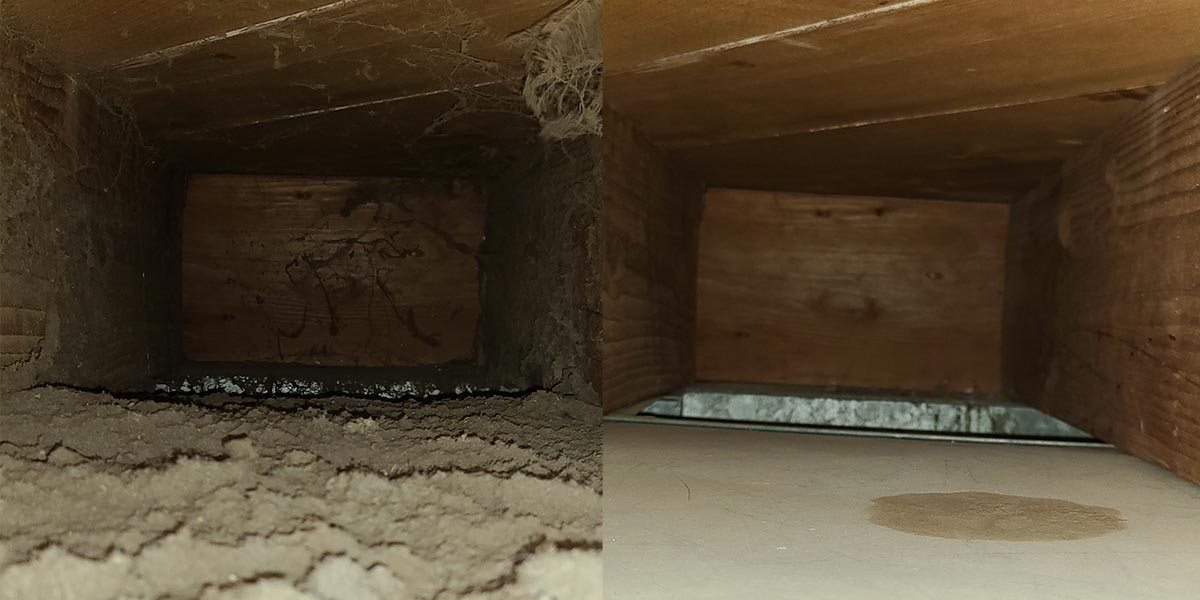 Air duct cleaning before & after photo. One return vent is clean the other is dirty.