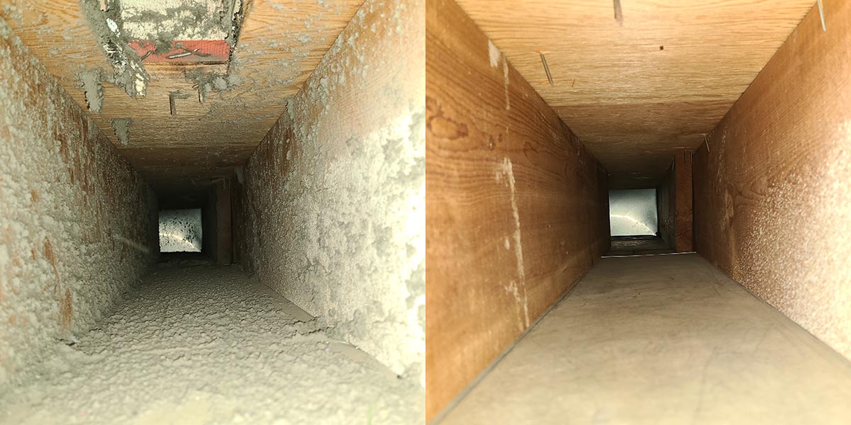 Air duct cleaning before & after photo. One return vent is clean the other is dirty.