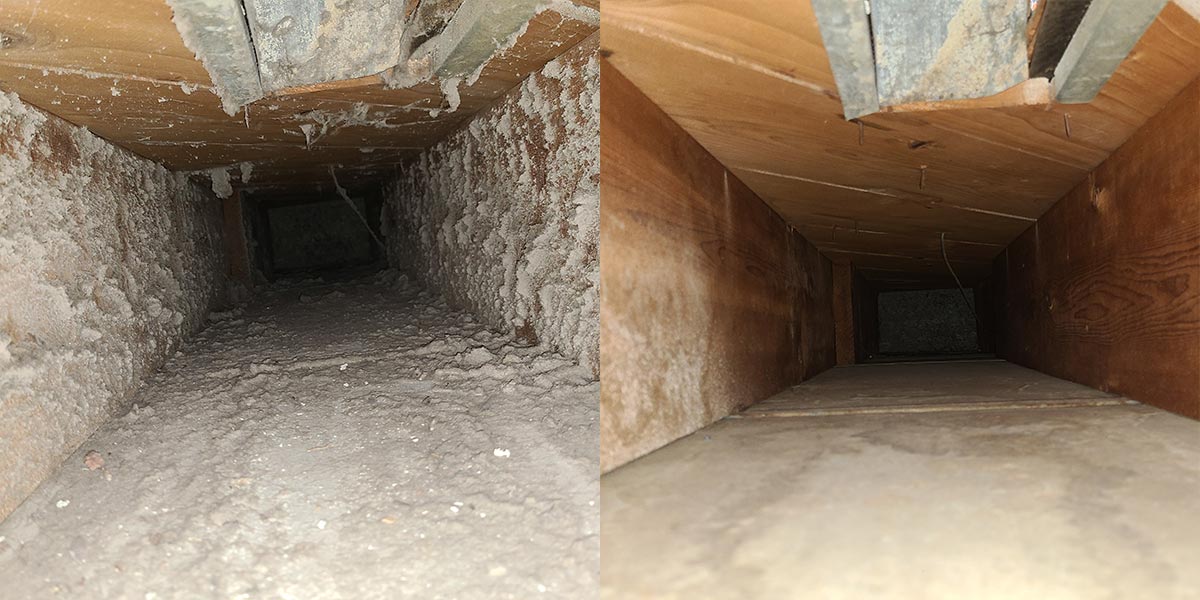 Air duct cleaning before & after photo. One return vent is clean the other is dirty.