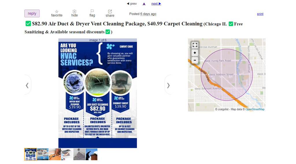 Craigslist air duct cleaning scam advertisement. $82.90 air duct cleaning in Chicago.