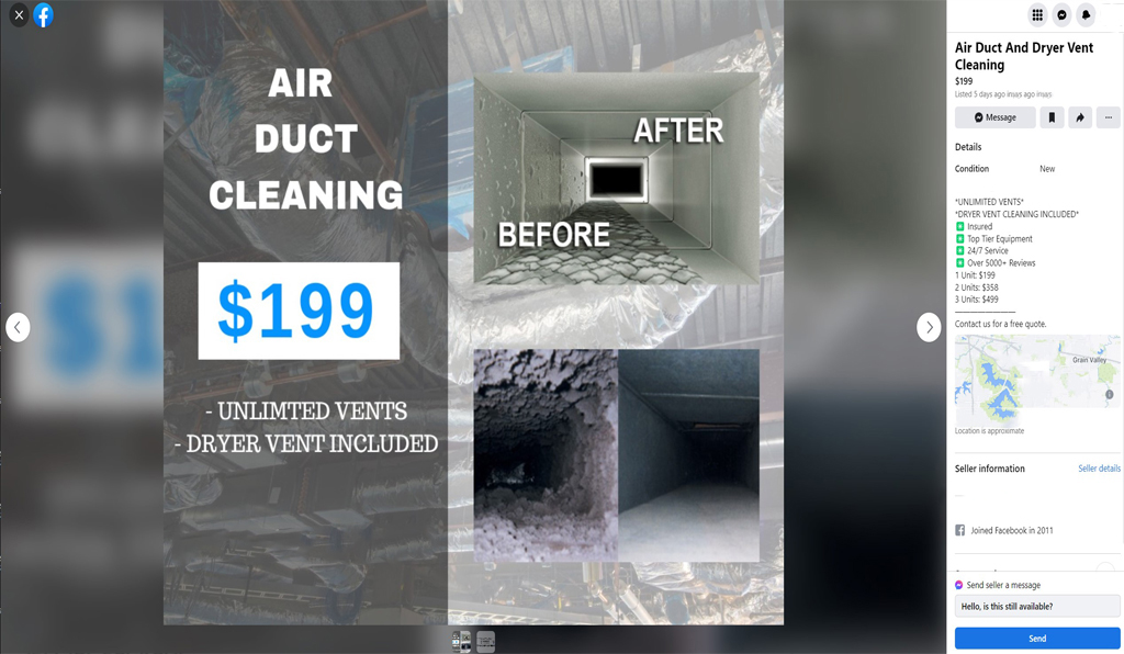 Facebook marketplace air duct cleaning ad that claims they have over 5000 reviews.