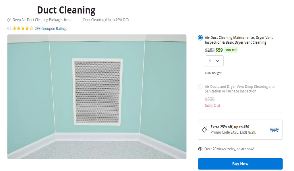 Groupon advertisement offering air duct cleaning for $59!